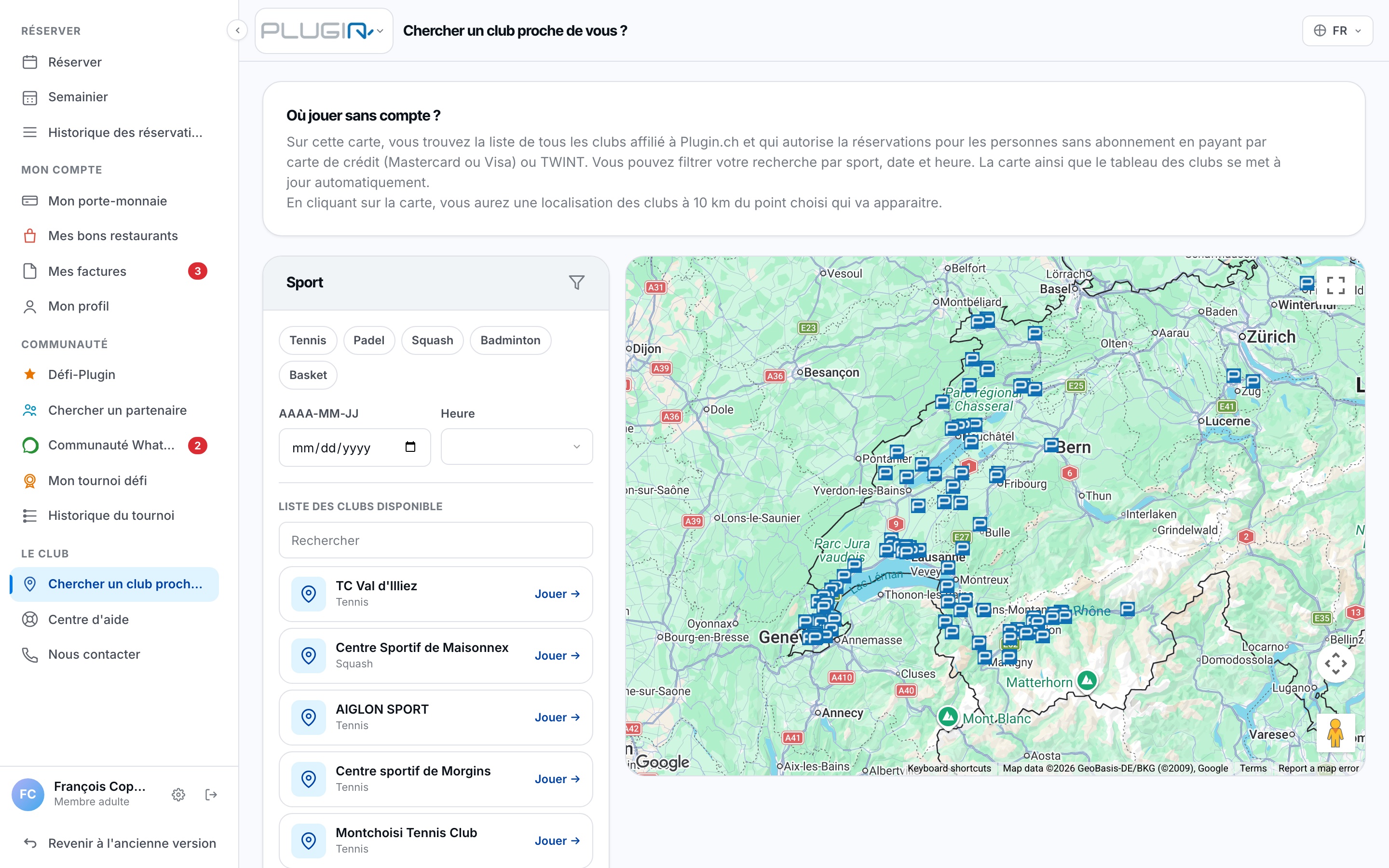 La carte des clubs Plugin.ch